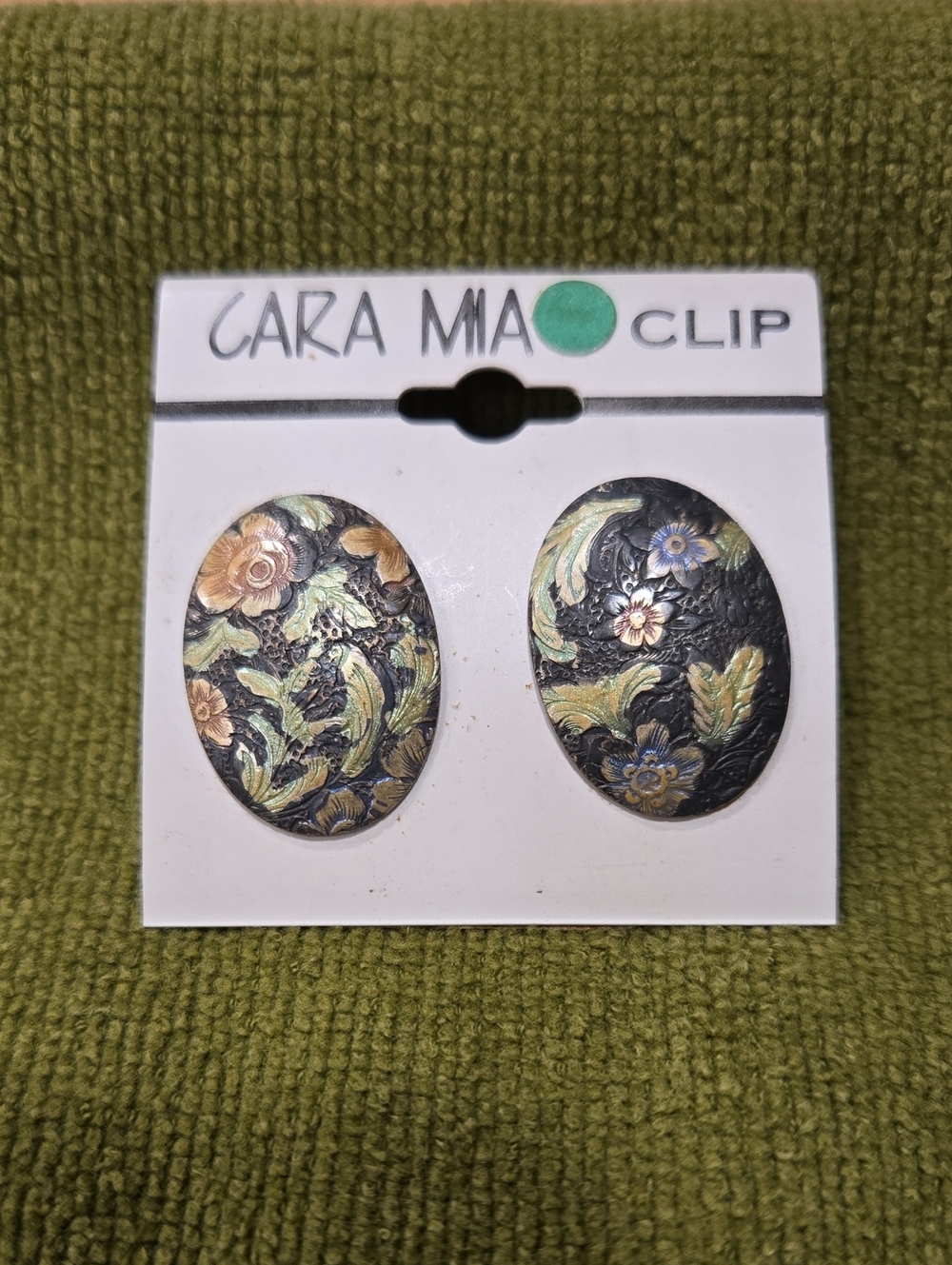 Vintage Cara Mia Black Cloisonné Enamel Floral Oval Clip-On Earrings